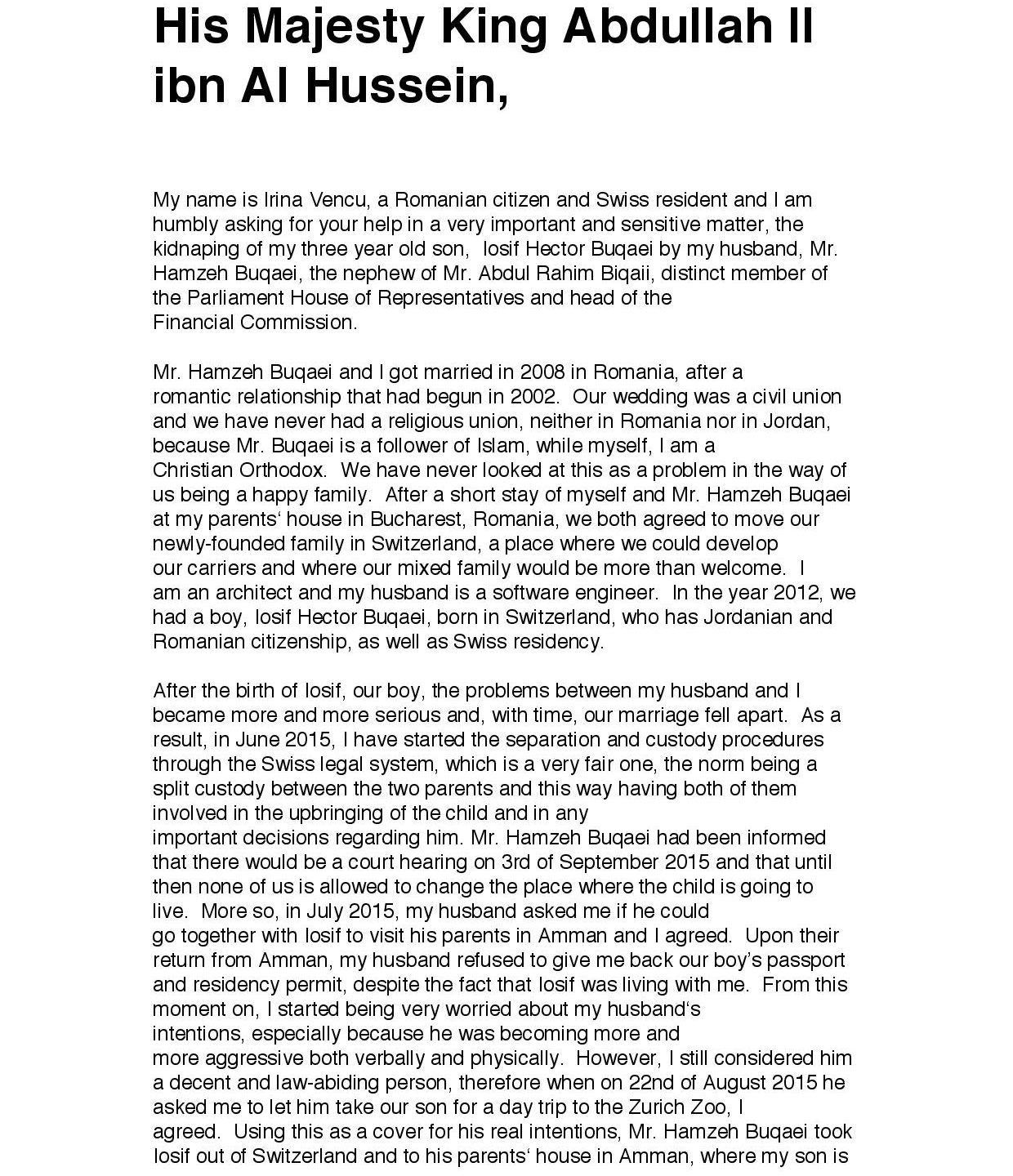 Letter to His Majesty King Abdullah II bin Al-Hussein of Jordan