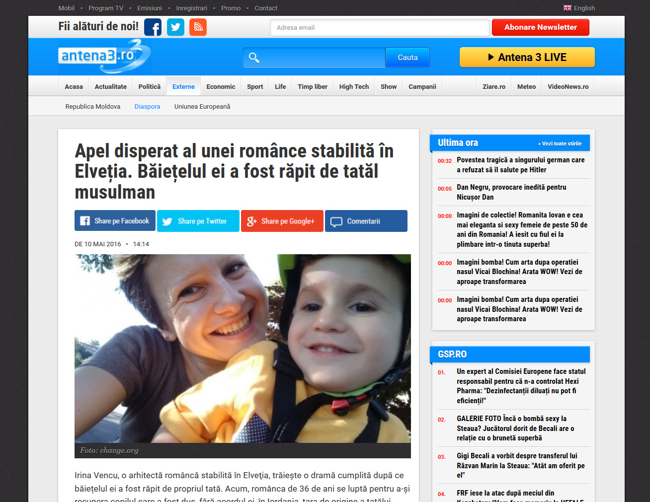 Antena3 – Apel disperat al unei românce stabilită în Elveția. Băiețelul ei a fost răpit de tatăl musulman